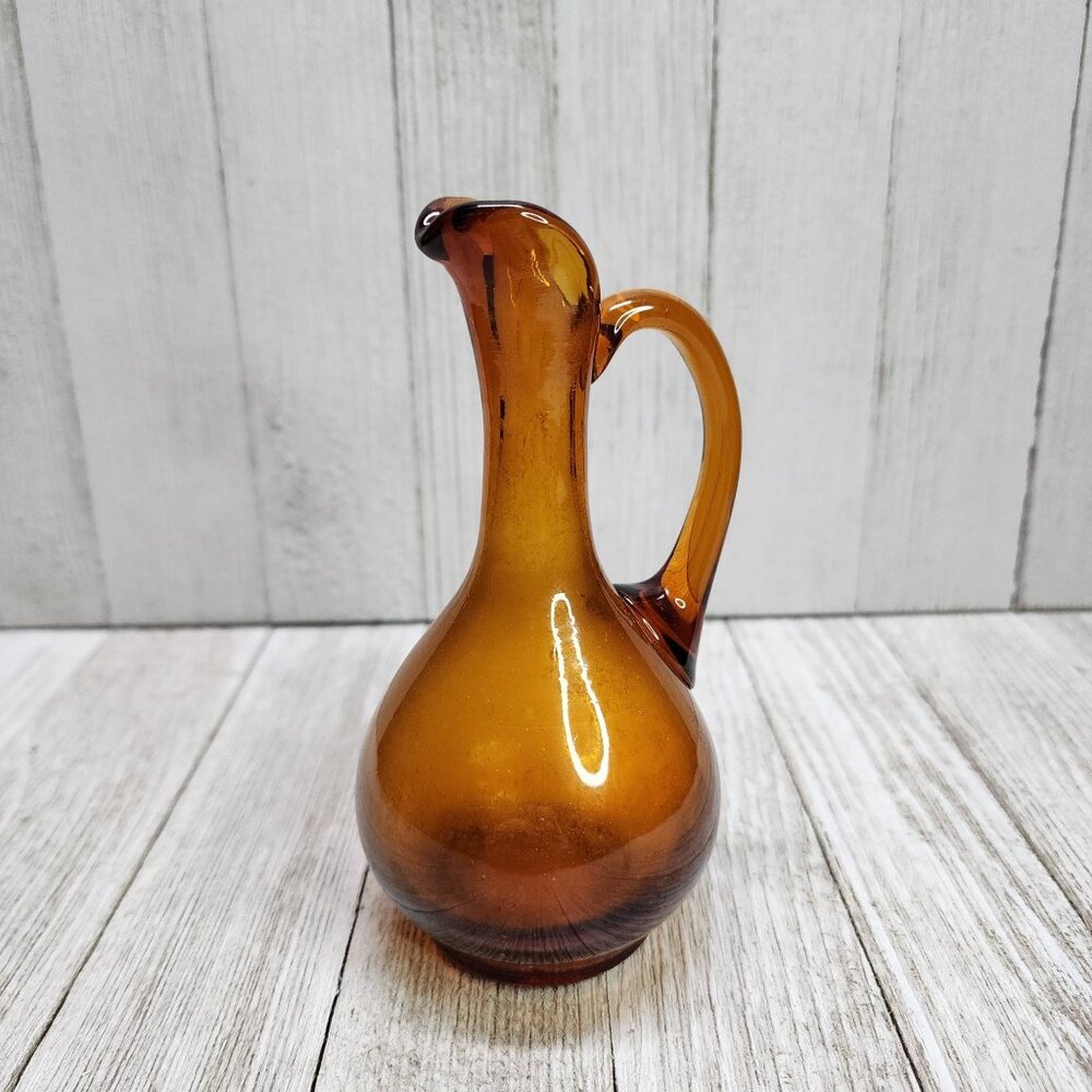 Vintage Blown Amber Art Glass Pitcher Small 5.75'' Tall